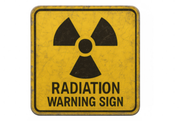 Faded yellow radiation hazard sign bearing black trefoil symbol against transparent isolated backdrop