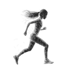 Fototapeta premium Dynamic silhouette of a running woman with flowing hair on a white background in an artistic wireframe style copy space