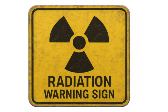 Faded yellow radiation hazard sign bearing black trefoil symbol against transparent isolated backdrop - Powered by Adobe