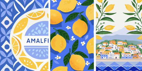 Vibrant Amalfi Coast Inspired Pattern Featuring Lemons Flowers and Coastal Town Scenery in a Decorative Style