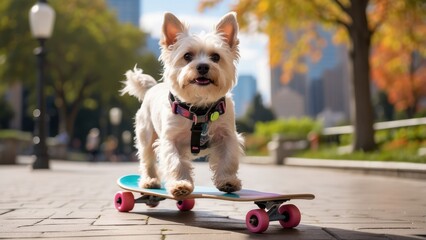 Adorable Small Dog Skillfully Rides a Skateboard in a Picturesque Park Setting