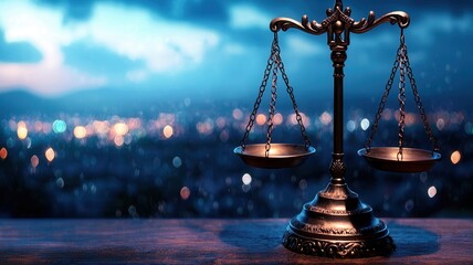 Legal balance scales resting on wooden surface, city lights and falling snow creating atmospheric backdrop symbolizing justice and fairness