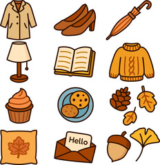 A warm flat style clipart set featuring autumn objects such as coat, sweater, book, cupcake, cookies, lamp, and seasonal leaves. Perfect for seasonal illustrations and cozy themes.