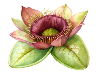 Watercolor Painting of a Pink and Green Flower with Detailed Petals and Leaves on Transparent Background, Watercolor Clipart Illustration With Isolated Background.