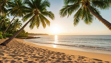 A serene beach scene with golden sand, palm trees, and a sunset over the ocean. The sky , background for text and summer themes.