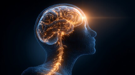 A glowing human head with brain pain highlighted in blue and yellow
