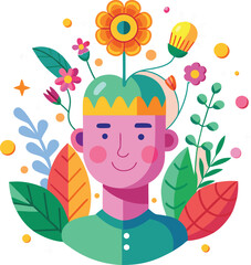 A vibrant illustration of a person s head with a crown surrounded by colorful flowers leaves and a lightbulb symbolizing creativity and growth