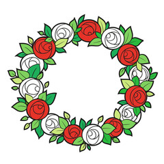 Frame or wreath of white and red roses  isolated on a white background