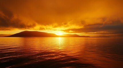 Obraz premium Fiery sunset over calm ocean with silhouetted island. Golden hour light paints the sky and water