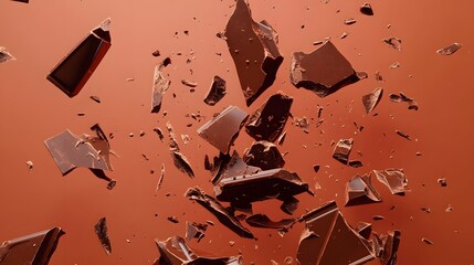 3D render of shattered dark chocolate bars strewn across a vibrant red background.