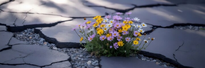 Daisies bursting through weathered pavement under soft daylight