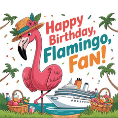 Flamingo surrounded and fruit, cheerful birthday design with a tropical touch vector design © DesignIMT