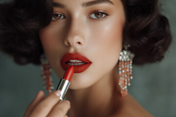 Close-up portrait of a woman applying red lipstick. She is adorned with sparkling earrings, and her hairstyle is reminiscent of the 1940s.