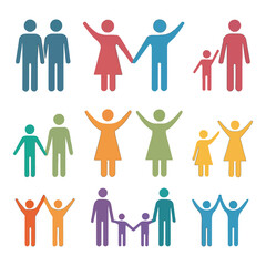 Diversity in unity: Colorful icons of diverse family units, symbolizing acceptance and harmony, are depicted against a clean background, reflecting a commitment to inclusivity.