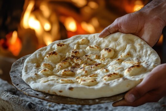 Baker's Hand Holding Freshly Baked Taboon Bread, A Middle Eastern Delight Straight from the Oven