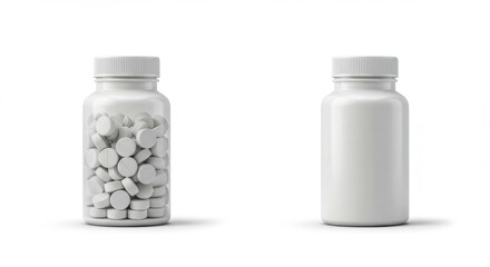 Two white plastic pill bottles one full of pills isolated on white.