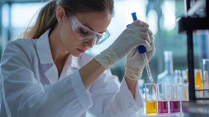 A woman chemist measures powder samples with laboratory balances