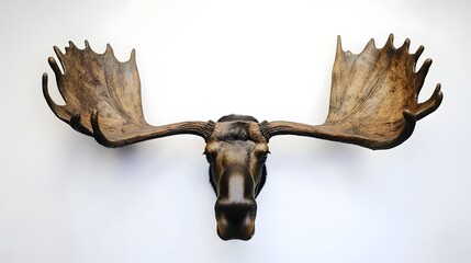 Photograph of a mounted moose head displayed against a white wall.