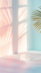 Sunlight streaming through window, creating shadows of palm tree leaves on white wall, offering serene and minimalist aesthetic