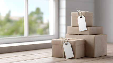 Stacked cardboard boxes with blank tags are placed on a wooden floor near a bright window, creating a warm and inviting atmosphere for gift giving or storage solutions