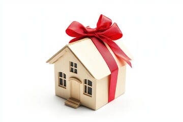 Architectural House Model Adorned with a Vibrant Red Bow - The Perfect Gift Concept for New Beginnings