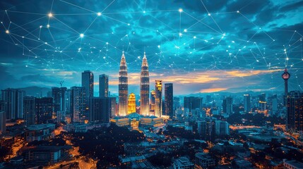 Fototapeta premium Blue tone Kuala Lumpur cityscape and network connection concept. Sunbeam effect.