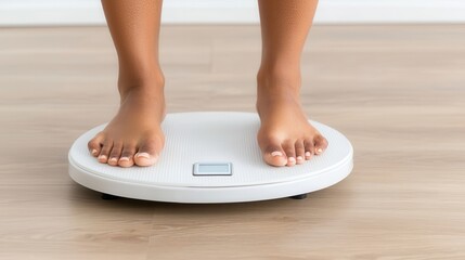 Slender female legs resting on digital bathroom scale, tracking weight progress after comprehensive wellness regimen