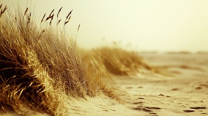 Golden beach grass dunes at sunset, soft light, sandy texture, tranquil scene