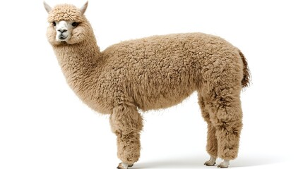 Obraz premium Photograph of a beige alpaca standing upright on a white background.