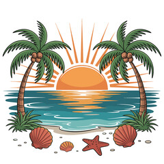 Beautiful sunset between palm trees with waves and shells, beach escape theme, vector illustration design, and t shirt design