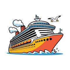 Colorful cartoon cruise ship sailing at sea with birds, bold design for travel themes vector illustration design,
