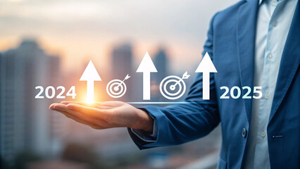 Businessman holding future growth arrows and targets for 2024 and 2025 isolated on white background