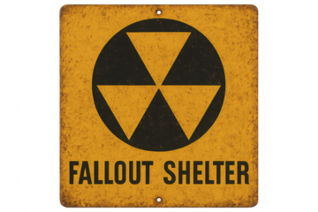 Grunge fallout shelter sign with trefoil symbol on transparent background, warning of nuclear danger and offering protection