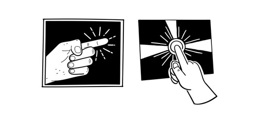 Black and white hand gesture point to, click or tap - cut out element for collage.