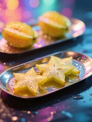 Sliced Starfruit on Metallic Plates with Colorful Bokeh Background