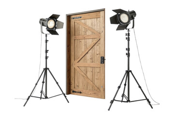 A studio setup featuring a wooden door flanked by two professional lighting equipment on tripods