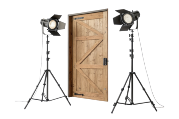 A studio setup featuring a wooden door flanked by two professional lighting equipment on tripods
