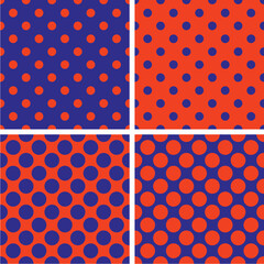 Seamless vector pattern, tile background or texture with neon red pink polka dots on a sailor navy blue background. For cards, invitations, website design, halloween background, desktop wallpaper, art