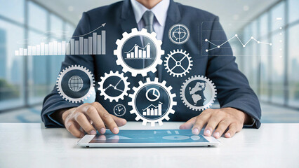 Businessman interacting with digital interface showing gears and financial charts isolated on white background