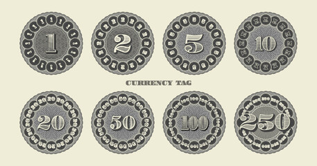 Vector set of vintage round stickers, price tags and badges with numbers. Denominations 1, 2, 5, 10, 20, 50, 50, 100 and 250. Collection of coins, medals and currency tokens. Guilloche patterns