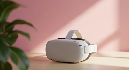 Virtual reality headset on a wooden table with a plant against a pink wall