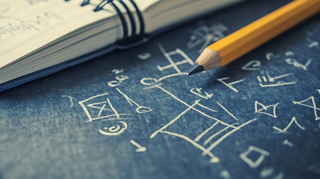 Close-up of a notebook and pencil on a chalkboard with mathematical equations and diagrams - Powered by Adobe