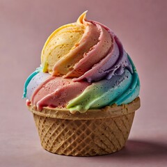 Colorful Rainbow Ice Cream Sundae in Waffle Cone