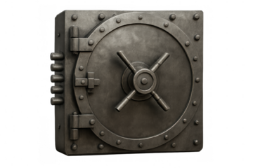 3d rendering of a closed metal bank vault door with bolts, hinges, and combination lock, isolated on transparent background
