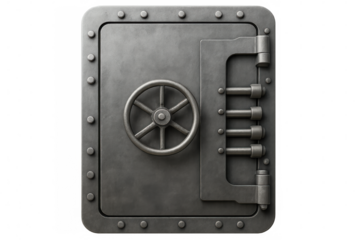 Steel vault door with locking mechanism, wheel and bolts, providing secure storage, isolated on transparent background