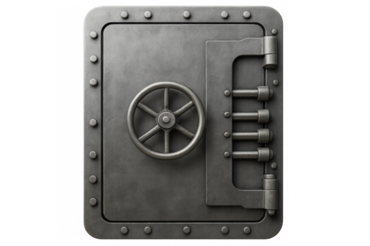 Steel vault door with locking mechanism, wheel and bolts, providing secure storage, isolated on transparent background