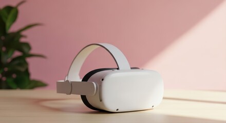 White virtual reality headset on a wooden surface against a pink background