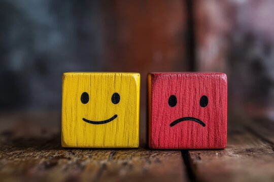 Dual Emoticon Faces: Smiling Yellow Cube and Frowning Red Cube Representing Customer Satisfaction and Emotion in Business Context