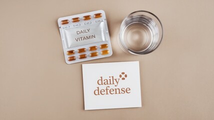 Prevention of aging signs concept. Daily vitamins and water on a neutral surface with branding visible.