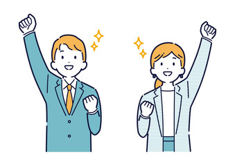 やる気いっぱいに腕を上げるビジネスパーソンのイラスト